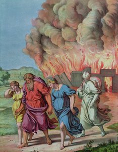 Lots vrouw kijkt terug naar Sodom en verandert in een zoutpilaar, illustratie voor een catechismus