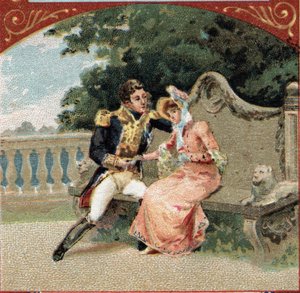 Lodewijk Alexandre Berthier (1753-1815), Prins van Wagram, met Madame Visconti, zijn minnares, in het Kasteel van Grosbois. Chromolithografie uit de late 19e eeuw door French School