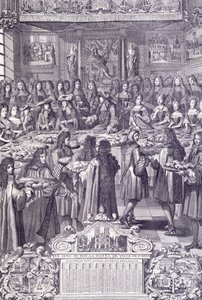 Lodewijk XIV, liefde en vreugde van zijn volk, gravure uit Almanacco door French School