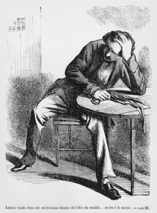 Lucien de Rubempre denkt aan zelfmoord, illustratie uit Splendeurs et Miseres des Courtisanes door Honore de Balzac, gepubliceerd 1867 door French School