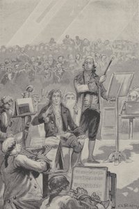 Ludwig van Beethoven dirigeert een orkest ondanks zijn doofheid (gravure)