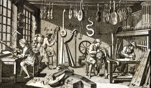 Werkplaats van de Luthier. Gravure - in Encyclopedie van Diderot en Alembert door French School