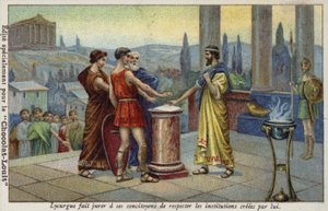 Lycurgus van Sparta laat zijn medeburgers zweren de door hem ingestelde instellingen te respecteren