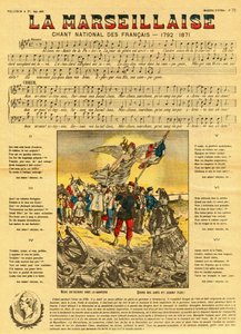 Liedtekst en muziek van de Marseillaise, het Franse volkslied gecomponeerd door Rouget de Lisle (Rouget de L