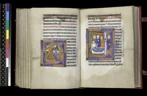 MS 300 f203v-204r, Suffragie aan Martelaren en Suffragie aan St. Nicolaas, folio uit de Psalter en Getijden van Isabella van Frankrijk, Parijs, ca.1265-70