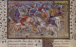 Nederlaag van Philip door Pausanias, met ridders te paard vechtend, uit 