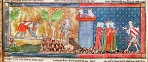 Lancelot bewijst zijn liefde voor Guinevere door een rivier over te steken die door een scherp zwaard wordt overspannen, uit de Roman de Lancelot du Lac, 1344 door French School