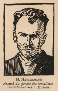 M I Gendelman, Russisch socialistisch-revolutionair politicus die een van de beklaagden was in het Moskouse proces tegen socialistische revolutionairen in 1922, het eerste Sovjet showproces (litho)