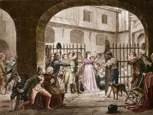 Madame Jeanne Marie Roland de la Platiere (1754-1793), Franse politica die in 1793 naar het Revolutionaire Hof ging. Gravure naar het schilderij van Dauban