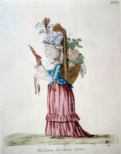 Madame van de Drie Staten. Een vrouw die elegant gekleed is en een mand met fruit en groenten draagt die de drie staten vertegenwoordigt ten tijde van de Franse revolutie