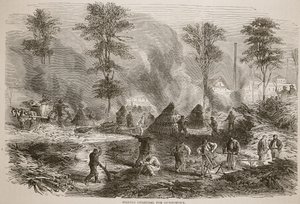 Houtskool maken voor buskruit, illustratie uit Cassells Geschiedenis van de Oorlog tussen Frankrijk en Duitsland, 1870-1871