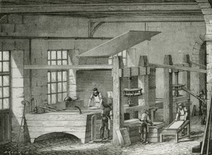 Papier maken met de hand door pulp te zeven in vormen. Gravure c1870.