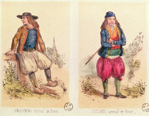 Mannenkostuums uit Landerneau en Goulven, uit Les Costumes Bretons de Sorrieu door French School