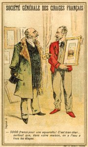 Man onderhandelt over de prijs van een aquarel met een kunstenaar (chromolitho) door French School