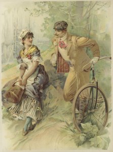 Man op fiets doet dienstmeisje aanzoek (chromolitho)