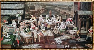 Fabricage van speelkaarten in een huis op de Place Dauphine (ontwerp voor een waaier, gouache op papier, ca. 1680)