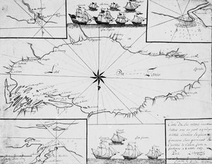 Kaart van Lake Ontario met de Engelse en Franse vloten