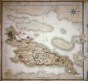 Kaart van Rhode Island ten tijde van de bezetting 1780-81 door het Franse leger op bevel van Jean-Baptiste de Vimeur, graaf van Rochambeau