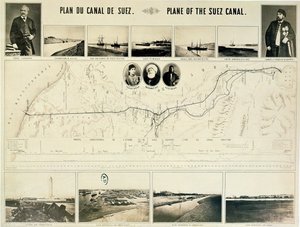 Kaart van het Suezkanaal vergezeld van verschillende uitzichten en portretten van Ferdinand de Lesseps (1805-94) en Ismail Pasha (1830-95) 1869