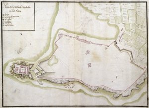 Kaart van de stad en citadel van Port Louis