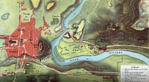 Kaart van het land van Lourdes in 1877: toont de locatie van het huis van Bernadette Soubirous, de grot waar ze de Maagd Maria zou hebben gezien, evenals de basiliek, de kloosters van de Karmelieten en Benedictijnen, en het bisschoppelijk paleis. Hoge Pyre