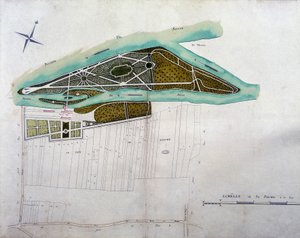 Kaart van de tuin van Moulin Joly. Plaat van de atlas van plannen van het grondgebied van Colombes (1780), bewaard in de Nationale Archieven. door French School