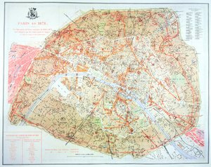 Kaart met de omvang van het werk tijdens de Haussmann-periode van ontwikkeling in Parijs van 1854-71, 1871