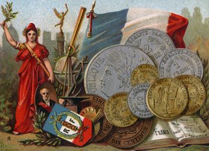 Marianne naast de Franse Tricolore vlag, een wereldbol en telescoop en een display van francs, ca. 1890