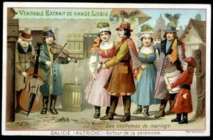 Huwelijksgebruiken: terugkeer van de ceremonie in Galicië, Oostenrijk - chromo. Liebig, v. 1895 door French School