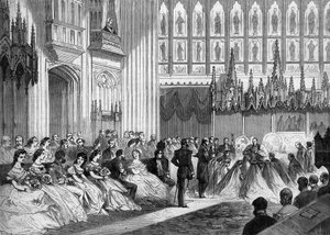 Huwelijk van de Prins van Wales, toekomstige koning Edward VII, met prinses Alexandra van Denemarken, gevierd op 10 maart 1863 in Windsor, Engeland. Gravure in "Le Monde Illustré" nr. 310 van 21 maart 1863