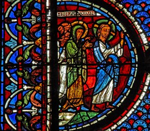 Het Maria Magdalena-raam: Maria, Martha en Jezus gaan naar het graf van Lazarus