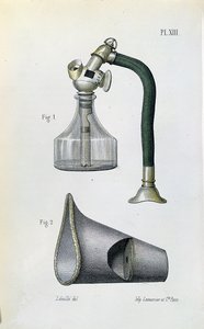 Masker voor het toedienen van ether om een patiënt te verdoven, uit een medisch handboek door Jean-Baptiste-Leon Dubreuil door French School