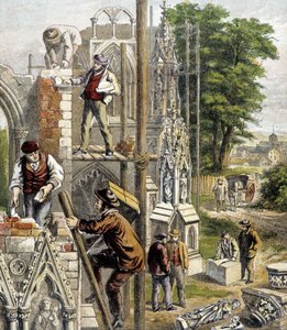 Metselaars op de bouwplaats van een kathedraal - in "Winkel van Kleine Kinderen", "De beroepen", Hachette, circa 1900. door French School
