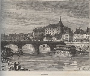 Mayenne is een gemeente in het westen van Frankrijk in de regio Pays de la Loire - gravure in "La France illustree: geografie, geschiedenis, administratieve statistiek" door V.-A. Malt-Brown. 1884 door French School
