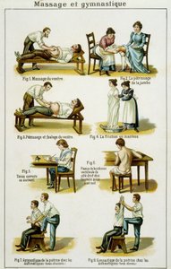 Medische plaat die massages en gymnastiek illustreert (trekt uit Bilz, natuurlijke medicatie) eind 19e eeuw door French School