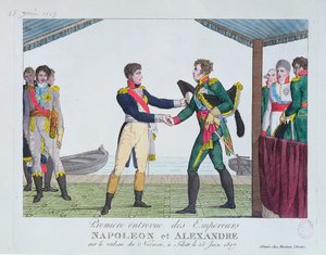 Ontmoeting tussen Napoleon I en Alexander I, in Tilsit, 25 juni 1807 door French School