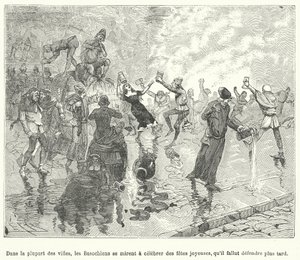 Leden van de Basaoche, een gilde van klerken, vieren een festival op de straten van een middeleeuwse Franse stad (gravure)
