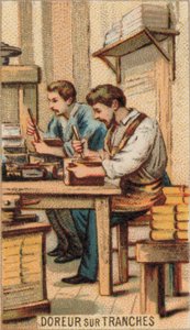 Mannen vergulden boeken met goud (chromolitho)