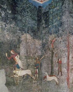 Mannen jagen met honden, detail uit La Chambre du Cerf (Herten Kamer) 1343 door French School