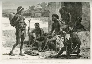 Mannen, vrouwen en gebruiksvoorwerpen (Bihe-regio, Rwanda). Gravure door D. Maillart, ter illustratie van het verhaal hoe ik Afrika doorkruiste, van de Atlantische Oceaan naar de Indische Oceaan, door Majoor Serpa Pinto, in 1877-1878, gepubliceerd in de To