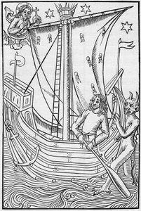 Koopvaardijschip uit de Middeleeuwen te midden van de gevaren van de zee. Gravure in 