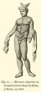 Mercurius, bronzen beeldje gevonden in de Seine in Parijs in 1849 (gravure) door French School