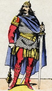 Merovingische dynastie: Portret van Karel Martel (ca. 688-741) burgemeester van het paleis van 737 tot 741. Epinal afbeelding uit het einde van de 19e eeuw. Privécollectie. door French School