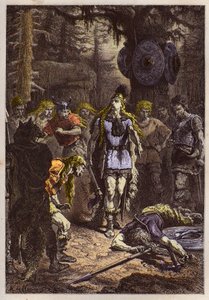 Merovingen: Clovis I slaat de soldaat neer die de vaas van Soissons had gebroken, in 486 - Clovis (465-511) en de Frankische krijger die de vaas van Soissons brak in 486 - gravure uit 