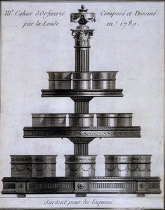 Metaalwerk: een set likeurbekers op een standaard, 1780-96 door French School