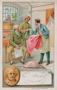 Michel Eugene Chevreul, Franse chemicus (1786-1889), inspecteert enkele nieuwe kleurstoffen door French School