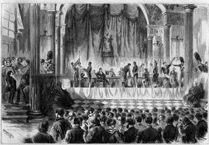 Militaire rekrutering: loting voor dienstplichtigen van 1858, in de Saint Jean-kamer van het stadhuis van Parijs. Gravure in "Le Monde Illustré" nr. 44 van 13 februari 1858.