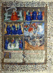 Miniatuur die het Koninkrijk der Hemelen voor de schepping voorstelt: Sapientia, de Drie-eenheid, en de Verdrijving van Lucifer uit de Hemel, c.1410