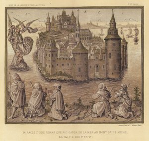 Wonder van een vrouw die door N-D werd gered van de zee bij Mont Saint-Michel (kleur litho)
