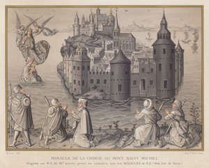 Wonder van de Maagd op de Mont Saint Michel, naar een MS uit de 15e eeuw, geschilderd in camaieu over de Wonderen van ND, Bibl Nat de Parijs